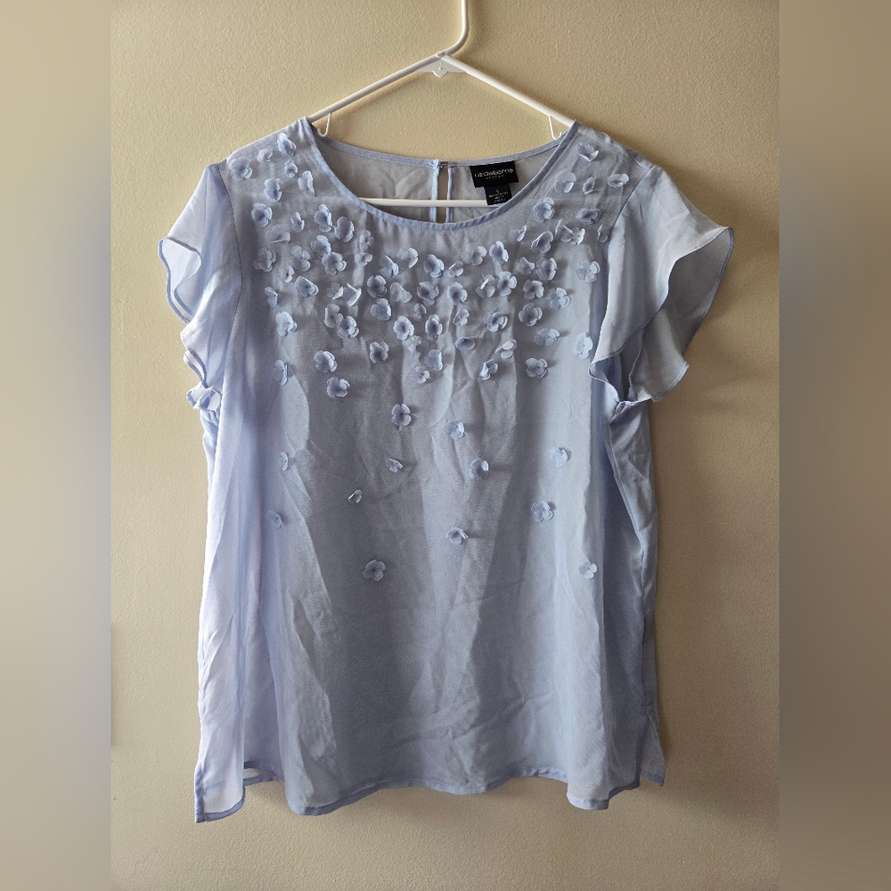 Liz Claiborne Soft Blue Blouse with 3D Flowers Size L